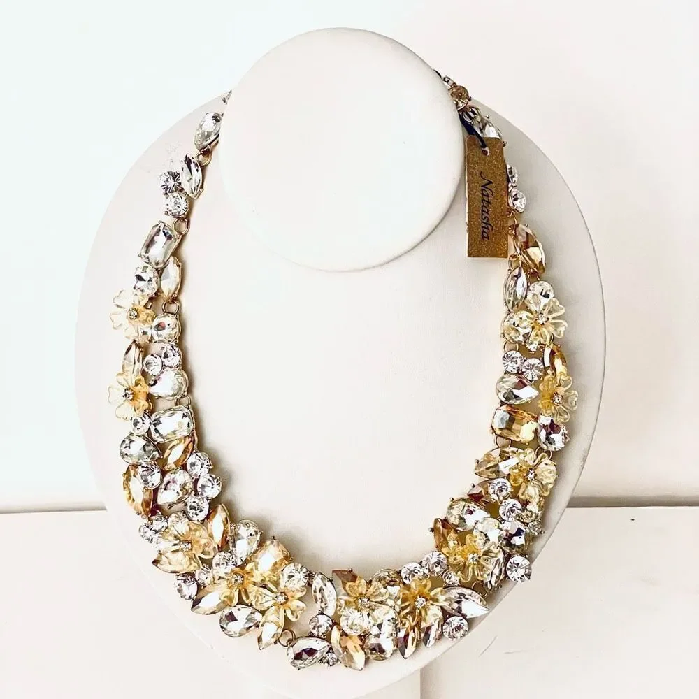 NWT So Gorgeous Natasha Flowers Gold white Crystal Stones Statement Necklace